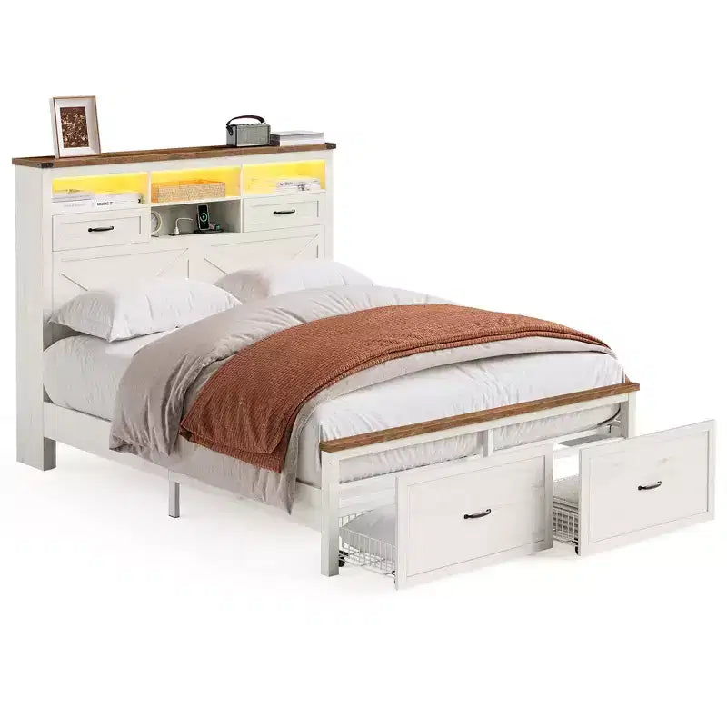 VASAGLE Queen Bed Frame with Storage Headboard, 4 Drawers, Noise-Free, No Box Spring Needed, Rustic White