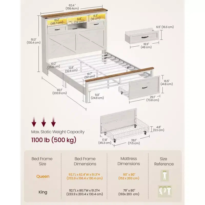 VASAGLE Queen Bed Frame with Storage Headboard, 4 Drawers, Noise-Free, No Box Spring Needed, Rustic White