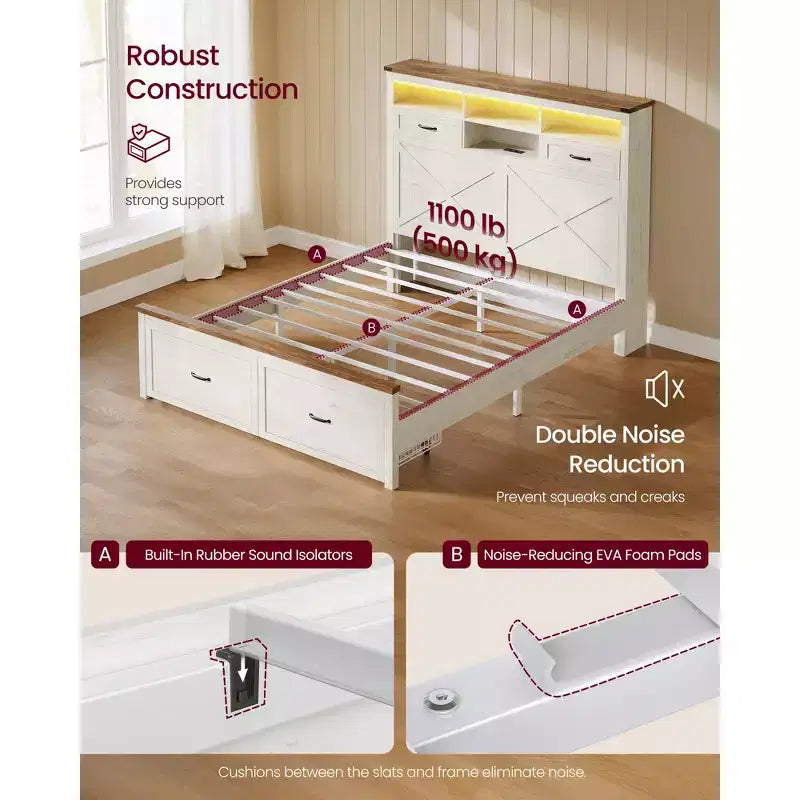 VASAGLE Queen Bed Frame with Storage Headboard, 4 Drawers, Noise-Free, No Box Spring Needed, Rustic White