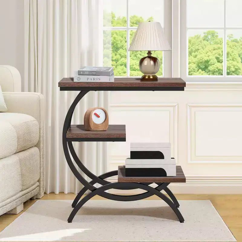 TUYOHW Industrial C-Shape End Table,3-Tier Side Table with Rustic Brown Top & Black Metal Frame,25.6 Height