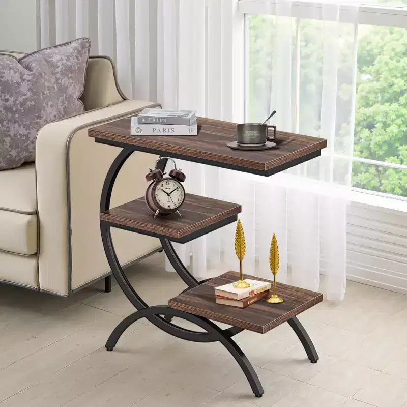 TUYOHW Industrial C-Shape End Table,3-Tier Side Table with Rustic Brown Top & Black Metal Frame,25.6 Height