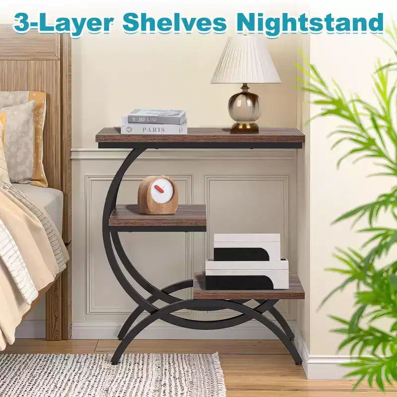 TUYOHW Industrial C-Shape End Table,3-Tier Side Table with Rustic Brown Top & Black Metal Frame,25.6 Height