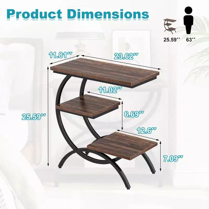 TUYOHW Industrial C-Shape End Table,3-Tier Side Table with Rustic Brown Top & Black Metal Frame,25.6 Height