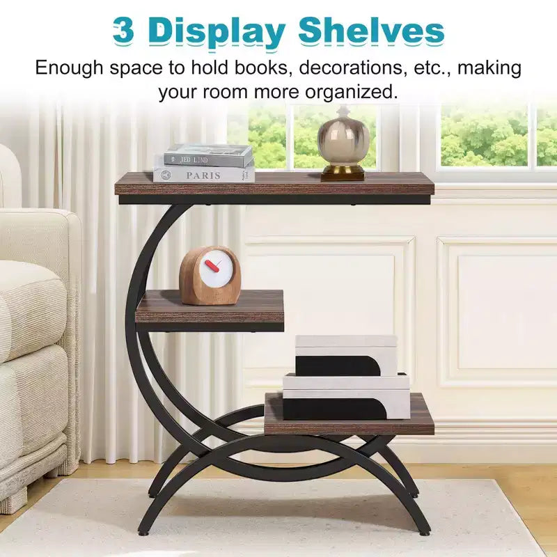 TUYOHW Industrial C-Shape End Table,3-Tier Side Table with Rustic Brown Top & Black Metal Frame,25.6 Height