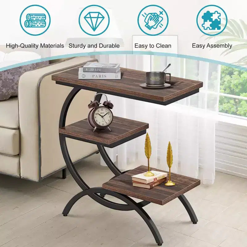 TUYOHW Industrial C-Shape End Table,3-Tier Side Table with Rustic Brown Top & Black Metal Frame,25.6 Height