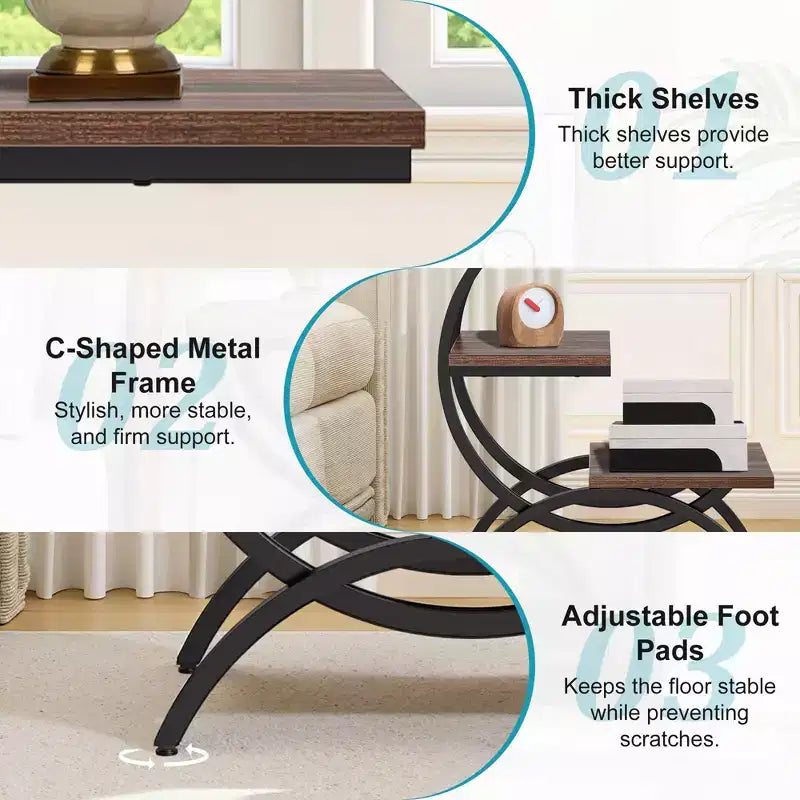 TUYOHW Industrial C-Shape End Table,3-Tier Side Table with Rustic Brown Top & Black Metal Frame,25.6 Height