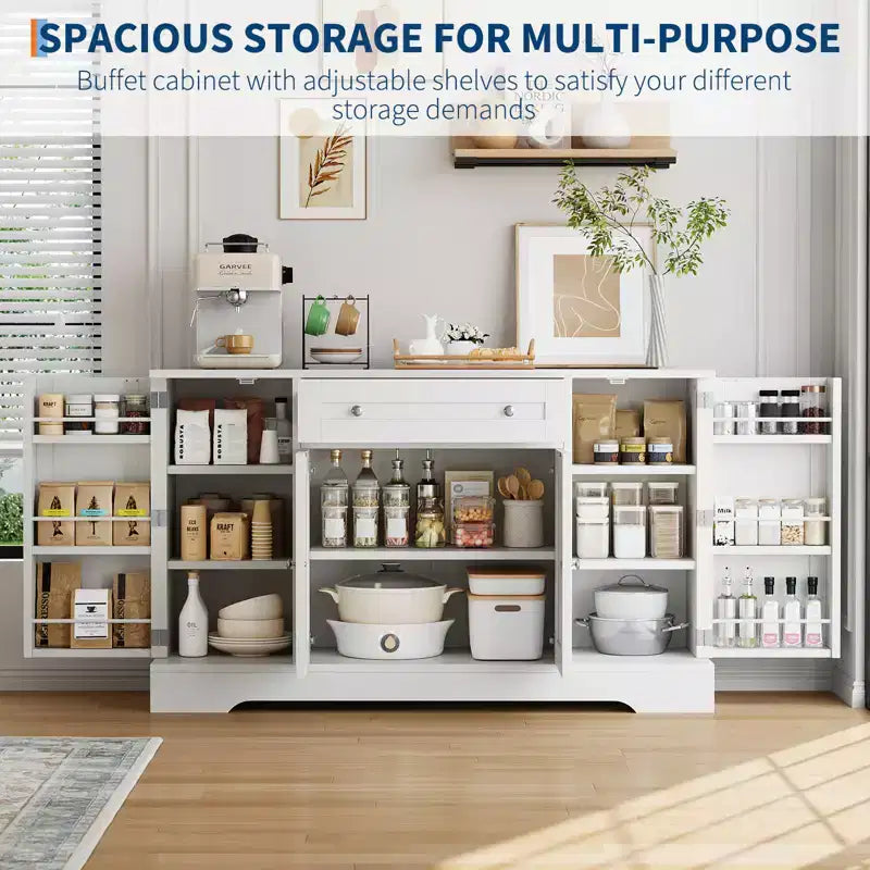 Modern Wooden Sideboard Buffet Cabinet with Drawer & 4 Doors, Freestanding Storage Credenza for Kitchen Dining Room Living Room Coffee Bar