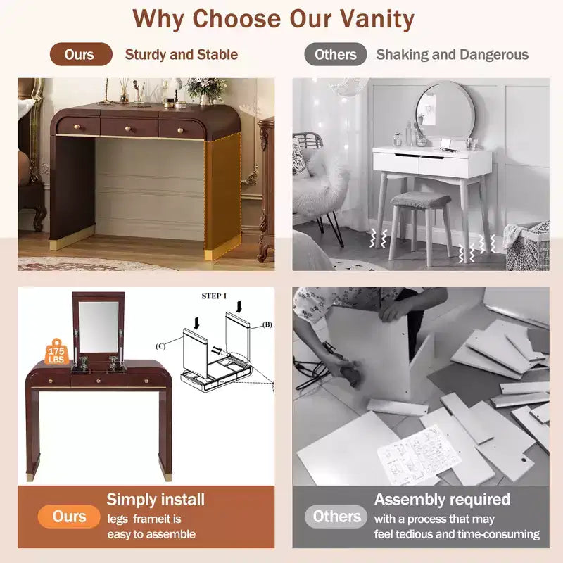 GDFStudio Amelia Vintage Wood Vanity Desk with Flip Mirror and 2 Drawers