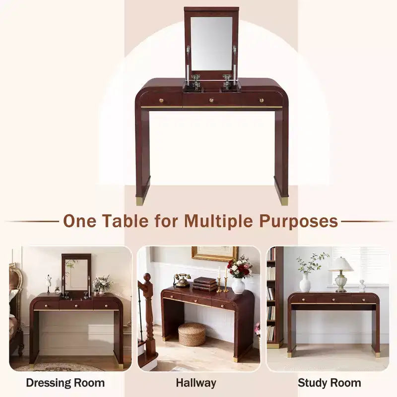 GDFStudio Amelia Vintage Wood Vanity Desk with Flip Mirror and 2 Drawers