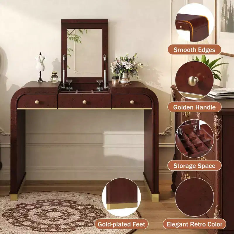 GDFStudio Amelia Vintage Wood Vanity Desk with Flip Mirror and 2 Drawers