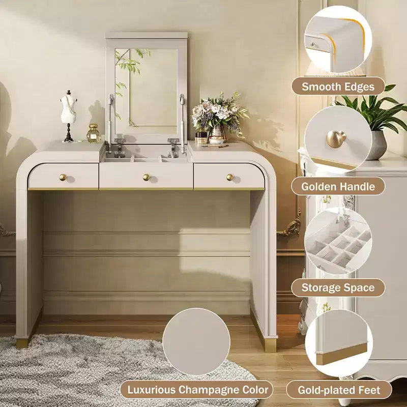 GDFStudio Amelia Vintage Wood Vanity Desk with Flip Mirror and 2 Drawers