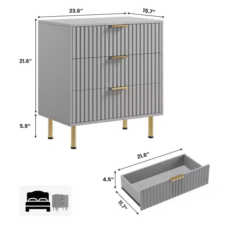 3 Drawer Dresser for Bedroom, Fluted Modern Nightstand, Chest of Drawers, Wooden Dresser Organizer, Side Table for Living Room, Hallway