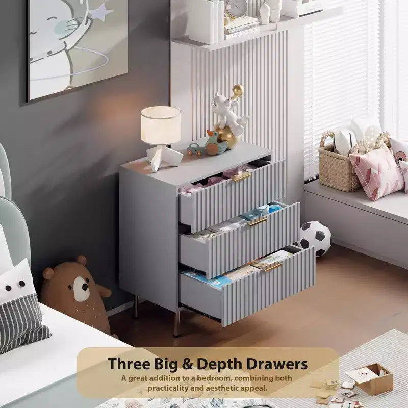3 Drawer Dresser for Bedroom, Fluted Modern Nightstand, Chest of Drawers, Wooden Dresser Organizer, Side Table for Living Room, Hallway