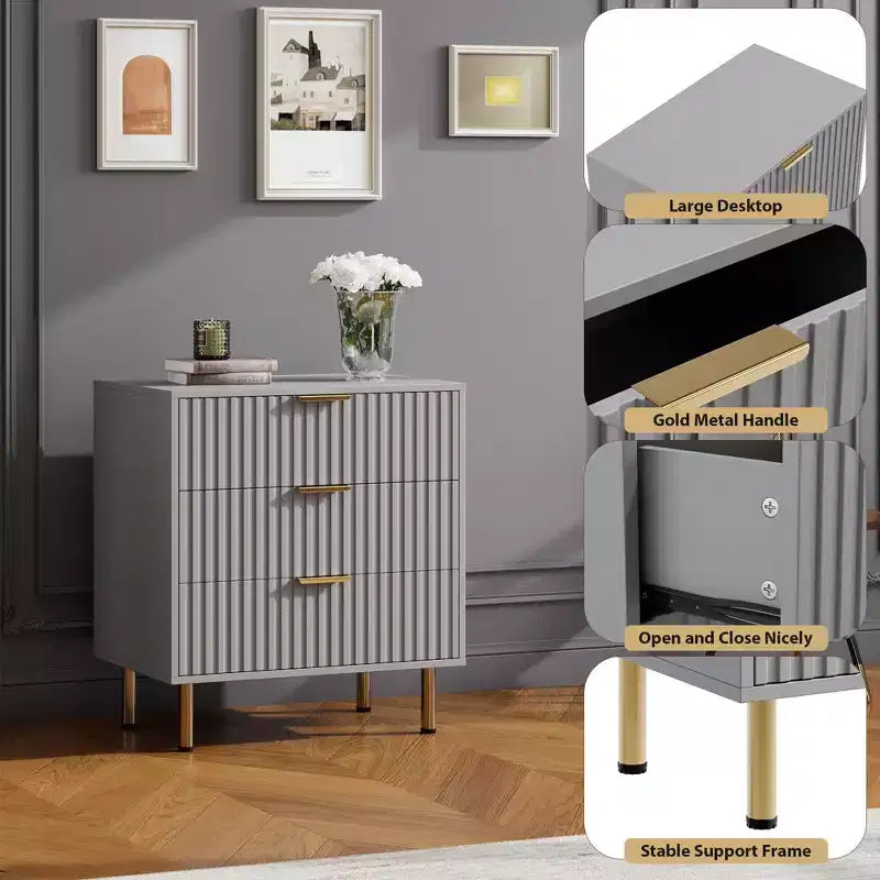 3 Drawer Dresser for Bedroom, Fluted Modern Nightstand, Chest of Drawers, Wooden Dresser Organizer, Side Table for Living Room, Hallway