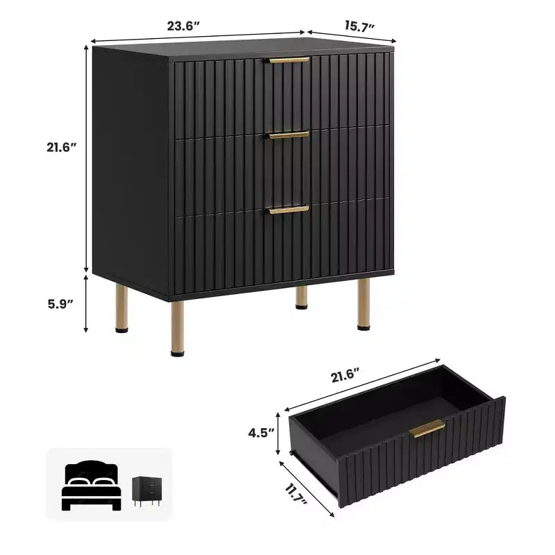 3 Drawer Dresser for Bedroom, Fluted Modern Nightstand, Chest of Drawers, Wooden Dresser Organizer, Side Table for Living Room, Hallway