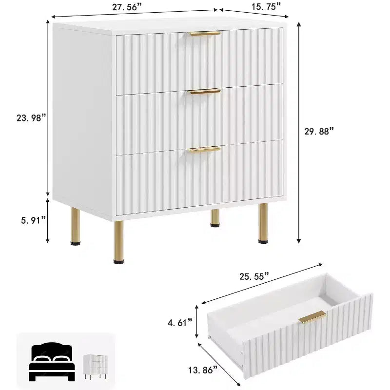 3 Drawer Dresser for Bedroom, Fluted Modern Nightstand, Chest of Drawers, Wooden Dresser Organizer, Side Table for Living Room, Hallway