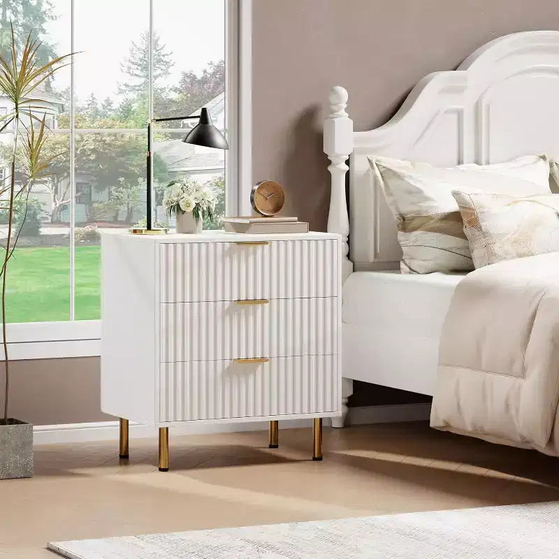 3 Drawer Dresser for Bedroom, Fluted Modern Nightstand, Chest of Drawers, Wooden Dresser Organizer, Side Table for Living Room, Hallway