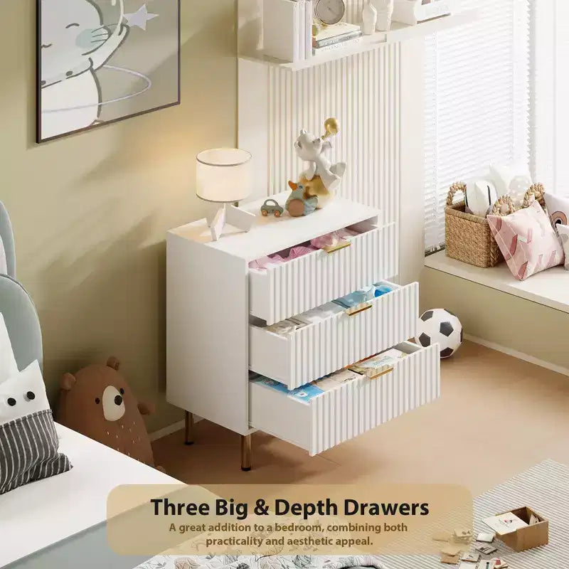 3 Drawer Dresser for Bedroom, Fluted Modern Nightstand, Chest of Drawers, Wooden Dresser Organizer, Side Table for Living Room, Hallway