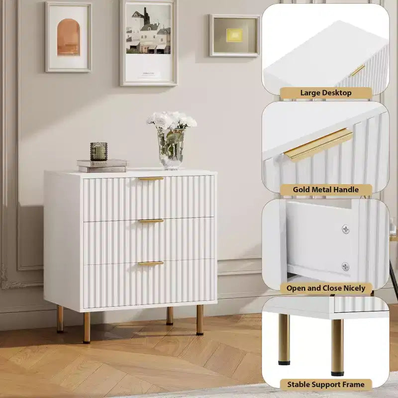 3 Drawer Dresser for Bedroom, Fluted Modern Nightstand, Chest of Drawers, Wooden Dresser Organizer, Side Table for Living Room, Hallway