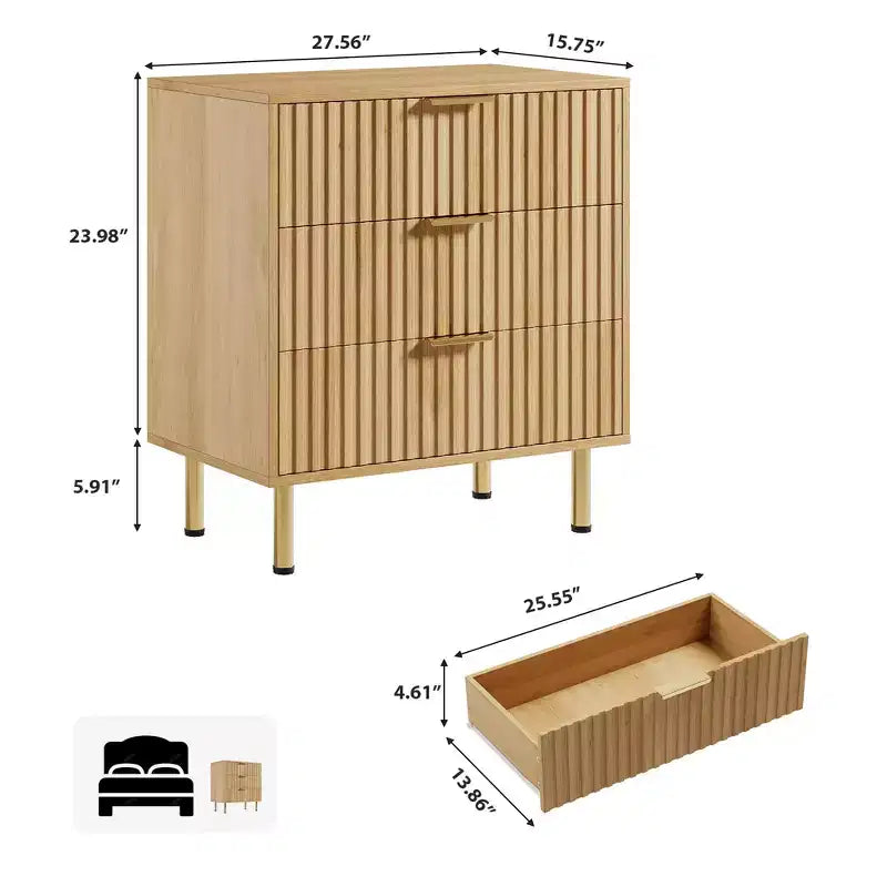 3 Drawer Dresser for Bedroom, Fluted Modern Nightstand, Chest of Drawers, Wooden Dresser Organizer, Side Table for Living Room, Hallway