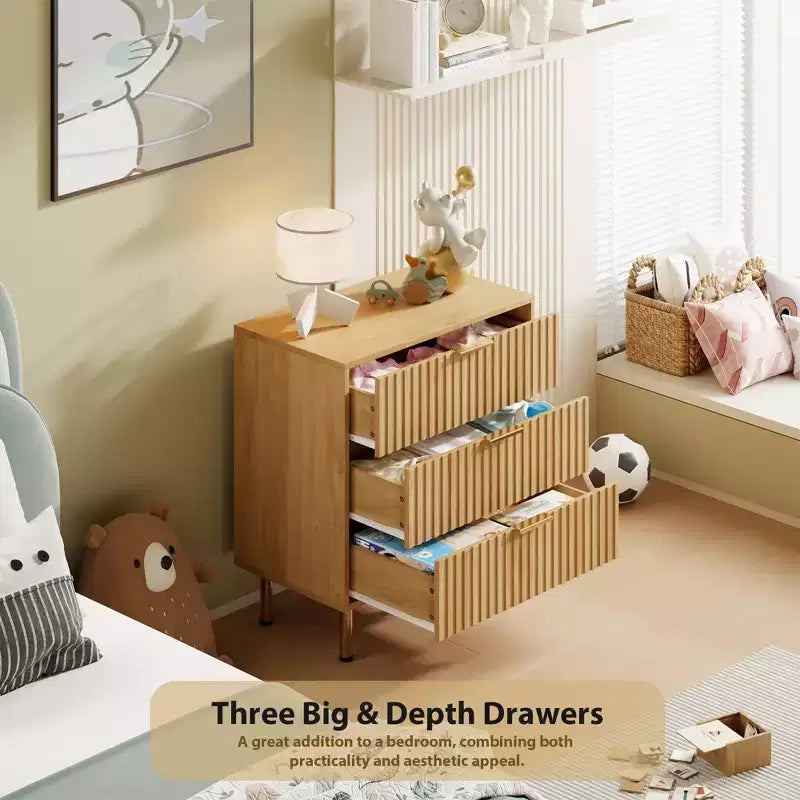 3 Drawer Dresser for Bedroom, Fluted Modern Nightstand, Chest of Drawers, Wooden Dresser Organizer, Side Table for Living Room, Hallway