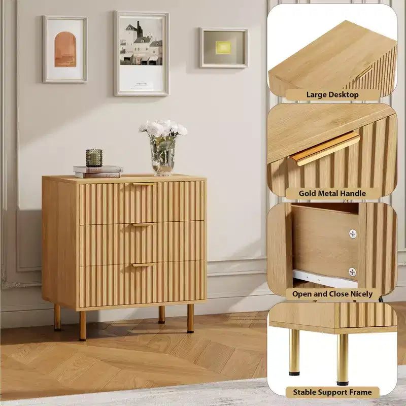 3 Drawer Dresser for Bedroom, Fluted Modern Nightstand, Chest of Drawers, Wooden Dresser Organizer, Side Table for Living Room, Hallway