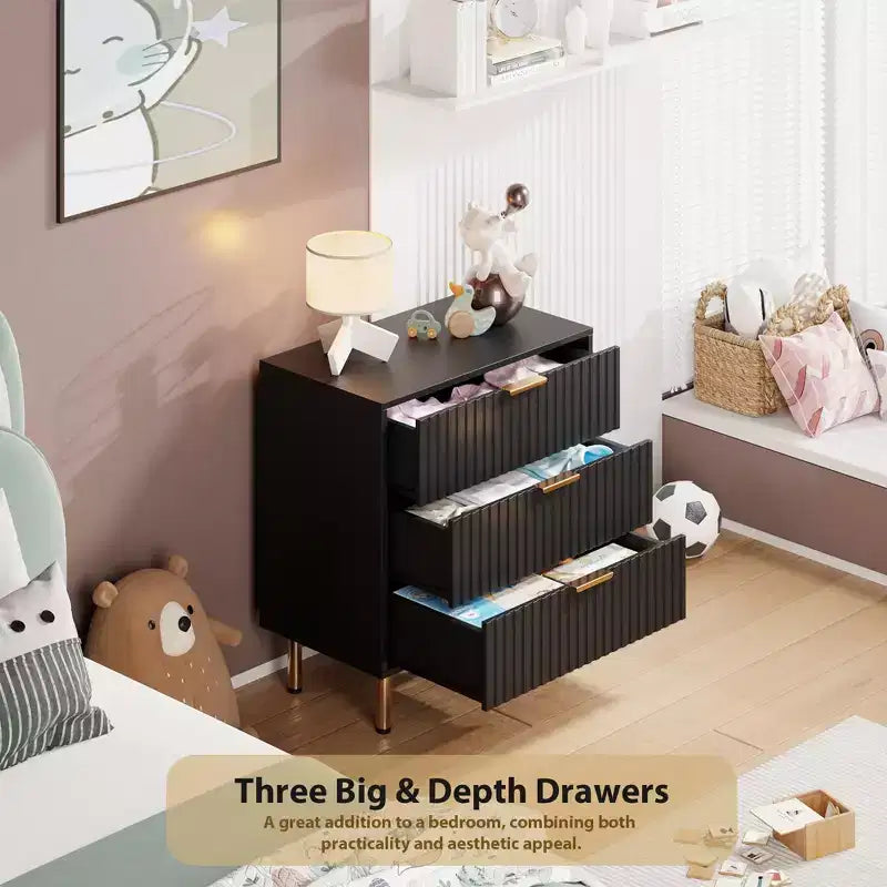 3 Drawer Dresser for Bedroom, Fluted Modern Nightstand, Chest of Drawers, Wooden Dresser Organizer, Side Table for Living Room, Hallway