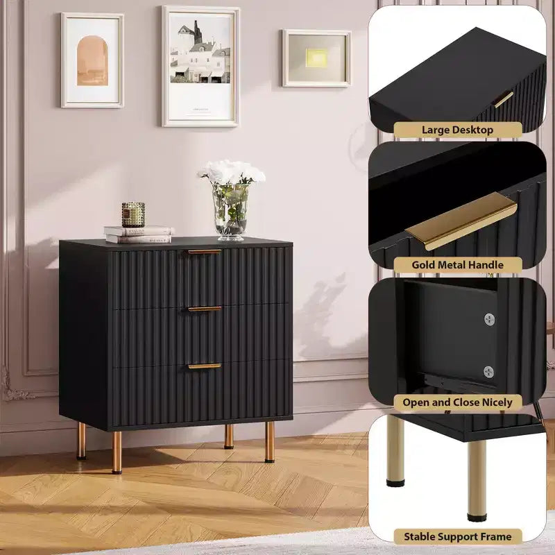 3 Drawer Dresser for Bedroom, Fluted Modern Nightstand, Chest of Drawers, Wooden Dresser Organizer, Side Table for Living Room, Hallway