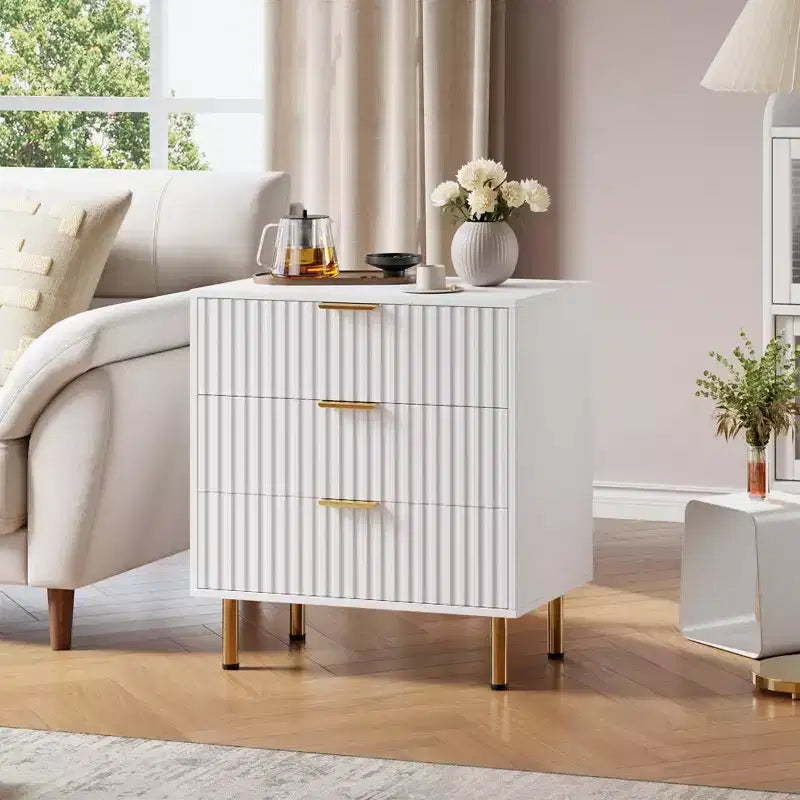 3 Drawer Dresser for Bedroom, Fluted Modern Nightstand, Chest of Drawers, Wooden Dresser Organizer, Side Table for Living Room, Hallway