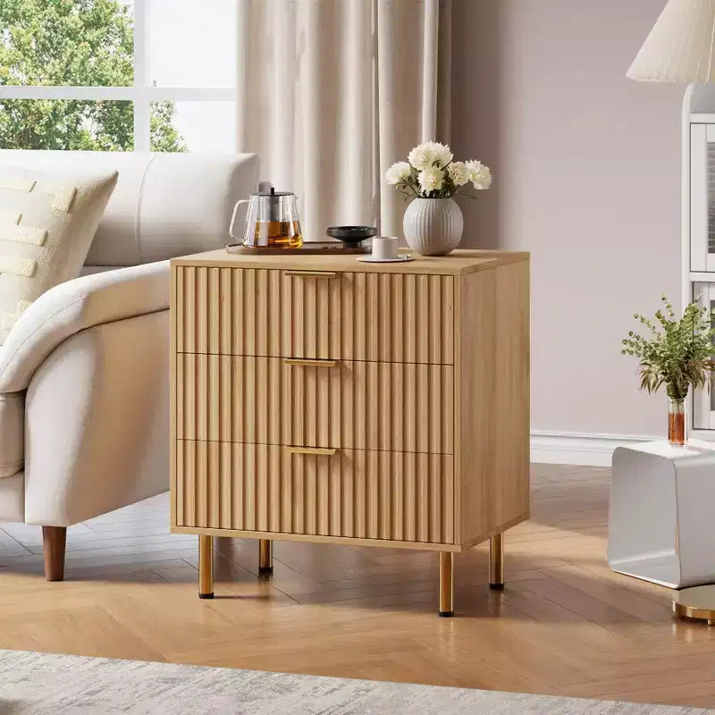 3 Drawer Dresser for Bedroom, Fluted Modern Nightstand, Chest of Drawers, Wooden Dresser Organizer, Side Table for Living Room, Hallway