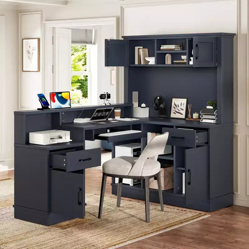 TUYOHW 76.7 L-Shaped Computer Desk,Writing Desk with Outlet,Drawers & Bookshelf,Modern Corner Desk with Storage for Gaming,Study,Home Office