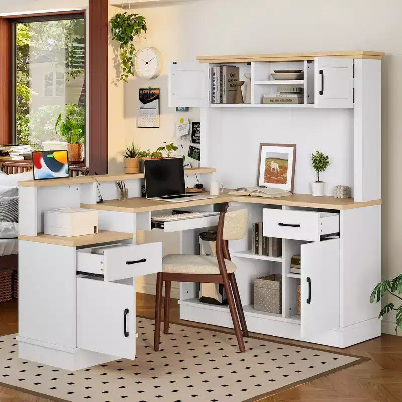 TUYOHW 76.7 L-Shaped Computer Desk,Writing Desk with Outlet,Drawers & Bookshelf,Modern Corner Desk with Storage for Gaming,Study,Home Office