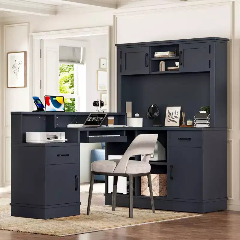TUYOHW 76.7 L-Shaped Computer Desk,Writing Desk with Outlet,Drawers & Bookshelf,Modern Corner Desk with Storage for Gaming,Study,Home Office