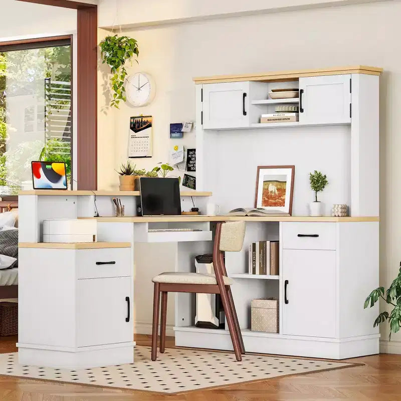 TUYOHW 76.7 L-Shaped Computer Desk,Writing Desk with Outlet,Drawers & Bookshelf,Modern Corner Desk with Storage for Gaming,Study,Home Office