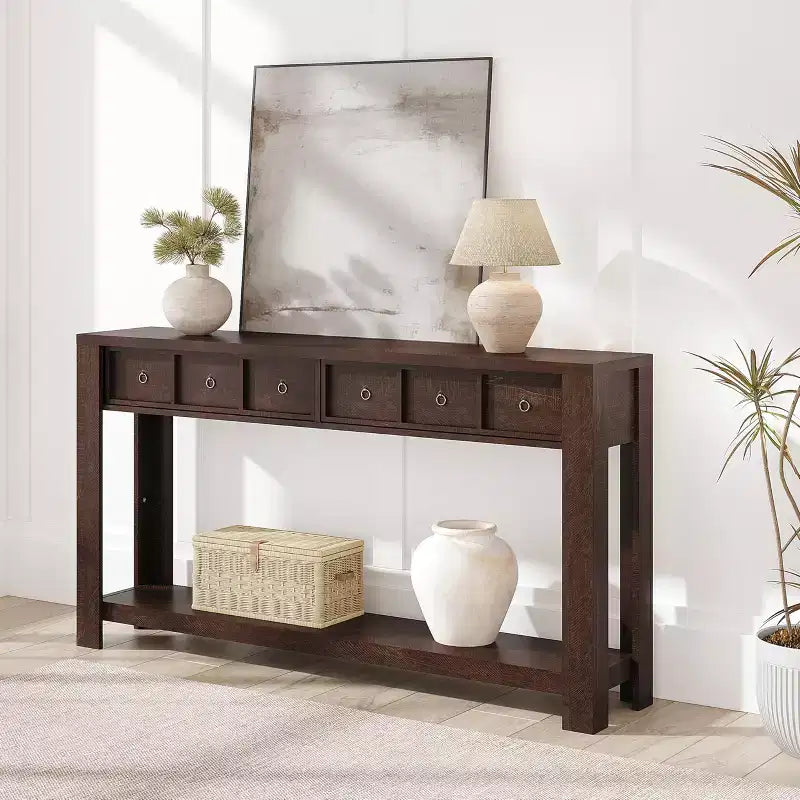 59'' Farmhouse Console Table, Wooden Entryway Table with 2 Drawers & 2-Tier Open Storage Shelf, Sturdy l-Shape Legs, Scratch-Resistant MDF