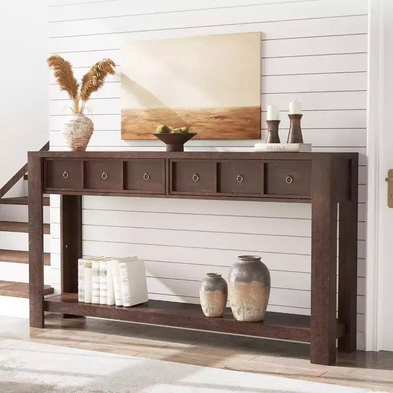 59'' Farmhouse Console Table, Wooden Entryway Table with 2 Drawers & 2-Tier Open Storage Shelf, Sturdy l-Shape Legs, Scratch-Resistant MDF