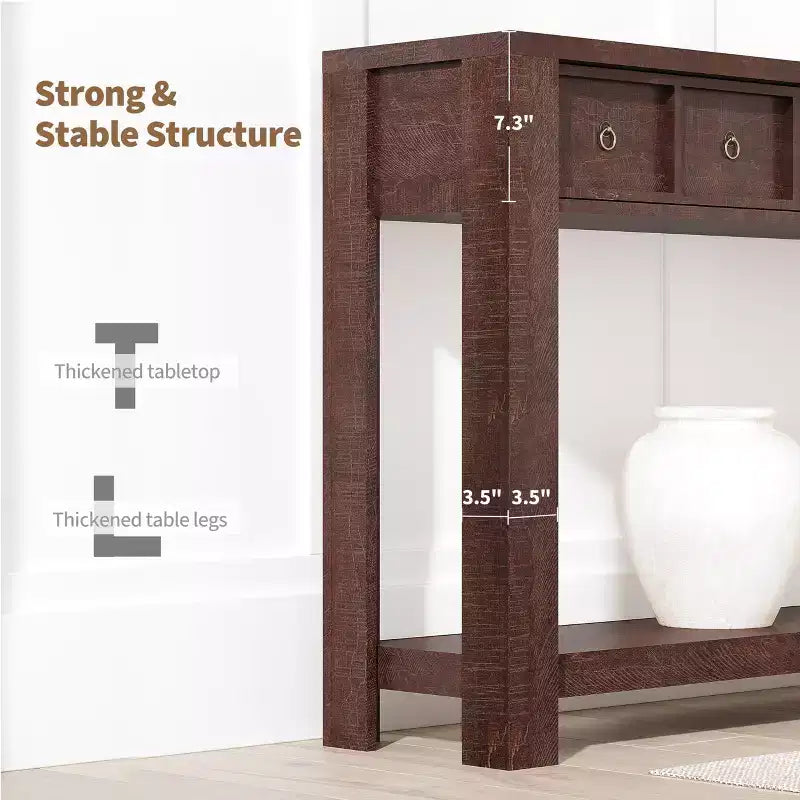 59'' Farmhouse Console Table, Wooden Entryway Table with 2 Drawers & 2-Tier Open Storage Shelf, Sturdy l-Shape Legs, Scratch-Resistant MDF