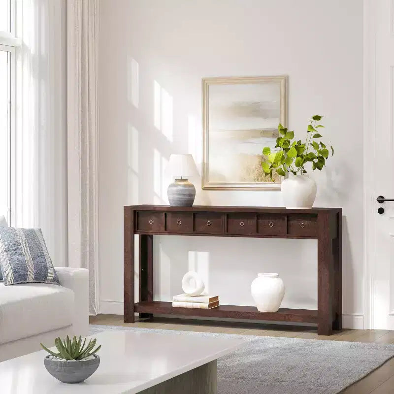 59'' Farmhouse Console Table, Wooden Entryway Table with 2 Drawers & 2-Tier Open Storage Shelf, Sturdy l-Shape Legs, Scratch-Resistant MDF