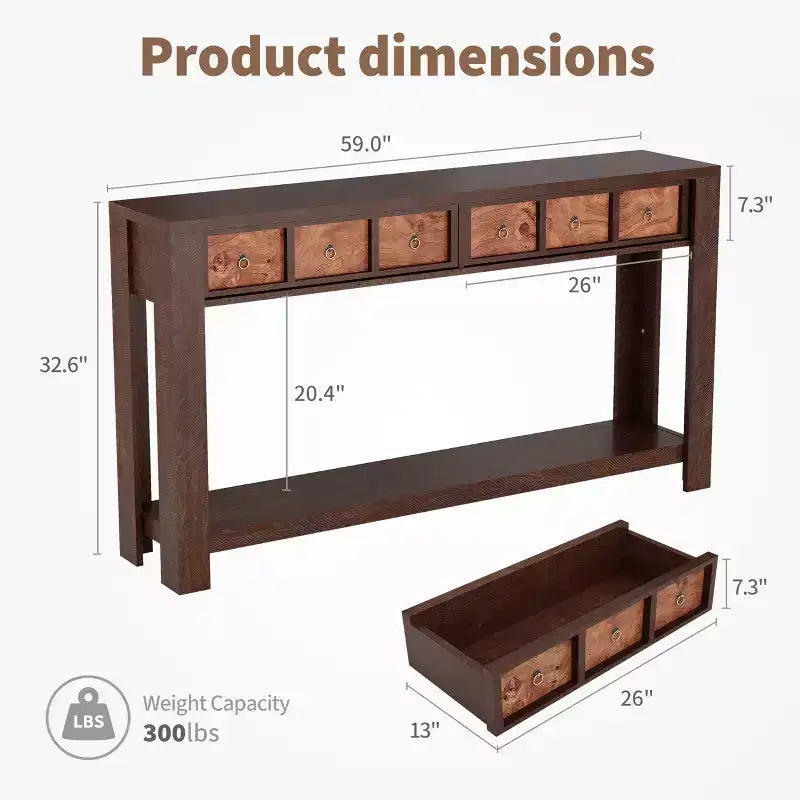 59'' Farmhouse Console Table, Wooden Entryway Table with 2 Drawers & 2-Tier Open Storage Shelf, Sturdy l-Shape Legs, Scratch-Resistant MDF
