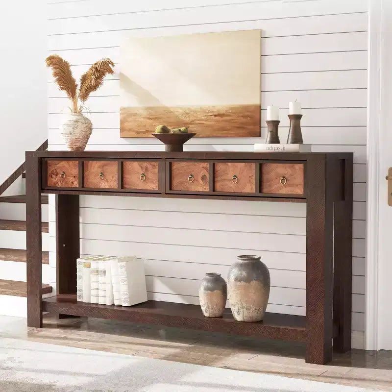 59'' Farmhouse Console Table, Wooden Entryway Table with 2 Drawers & 2-Tier Open Storage Shelf, Sturdy l-Shape Legs, Scratch-Resistant MDF
