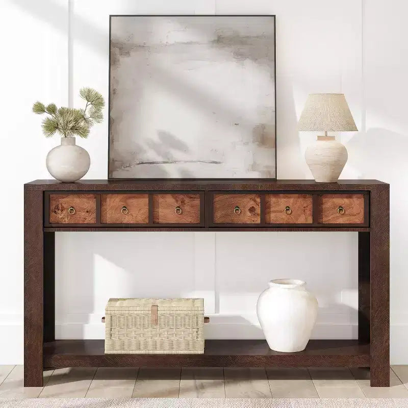 59'' Farmhouse Console Table, Wooden Entryway Table with 2 Drawers & 2-Tier Open Storage Shelf, Sturdy l-Shape Legs, Scratch-Resistant MDF