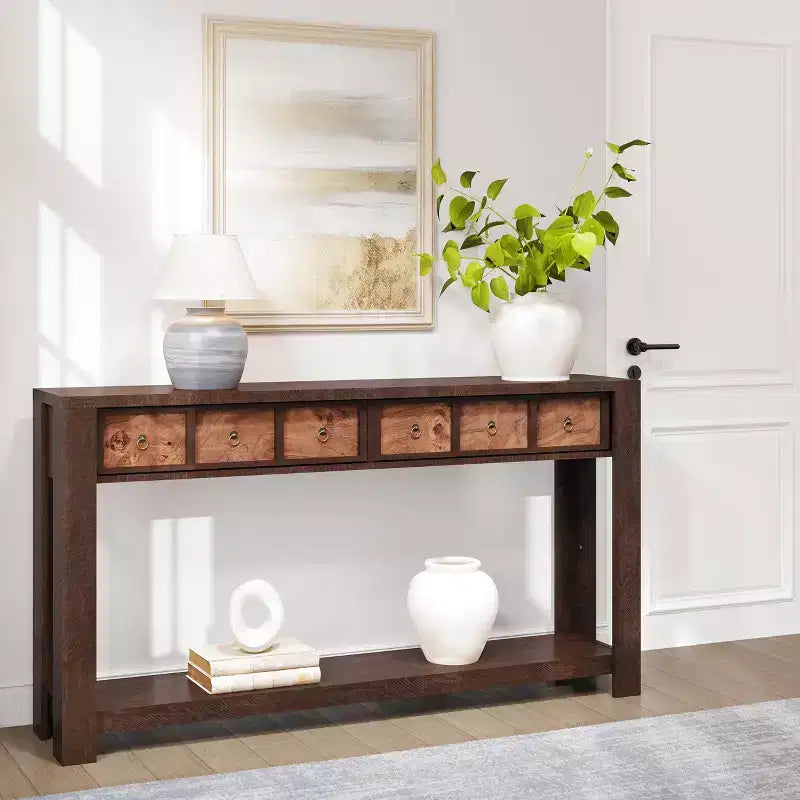 59'' Farmhouse Console Table, Wooden Entryway Table with 2 Drawers & 2-Tier Open Storage Shelf, Sturdy l-Shape Legs, Scratch-Resistant MDF