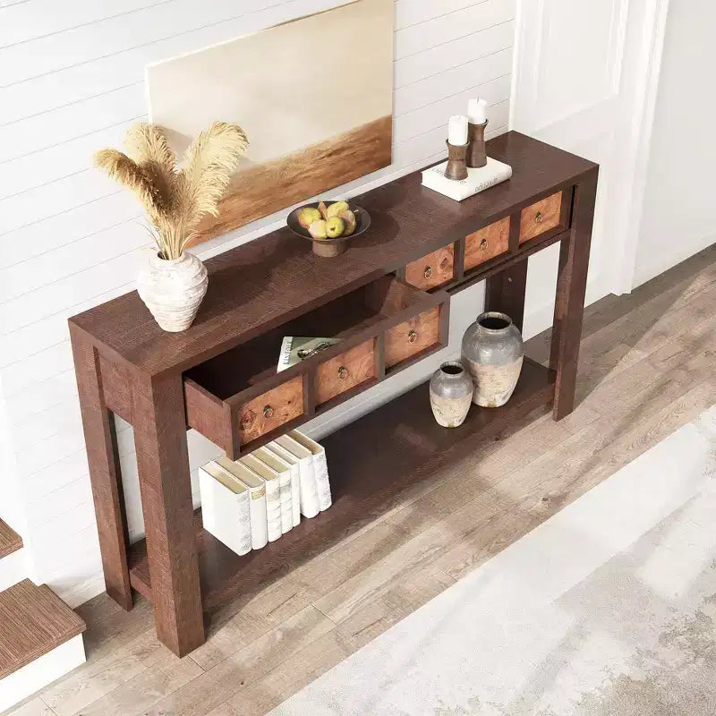 59'' Farmhouse Console Table, Wooden Entryway Table with 2 Drawers & 2-Tier Open Storage Shelf, Sturdy l-Shape Legs, Scratch-Resistant MDF