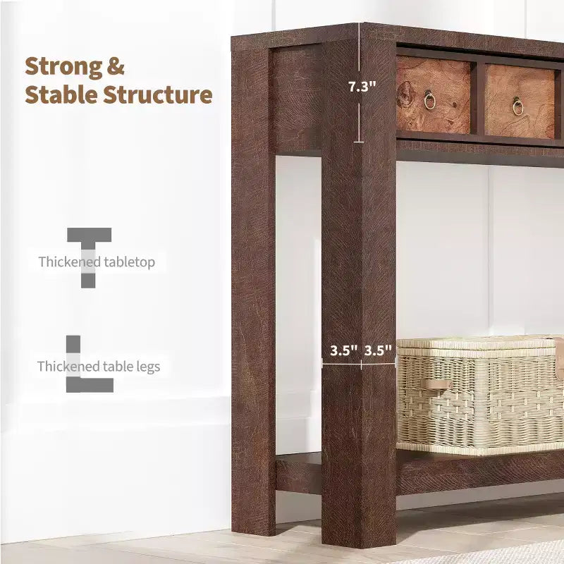 59'' Farmhouse Console Table, Wooden Entryway Table with 2 Drawers & 2-Tier Open Storage Shelf, Sturdy l-Shape Legs, Scratch-Resistant MDF