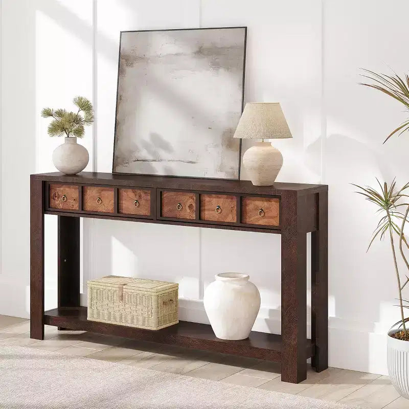 59'' Farmhouse Console Table, Wooden Entryway Table with 2 Drawers & 2-Tier Open Storage Shelf, Sturdy l-Shape Legs, Scratch-Resistant MDF