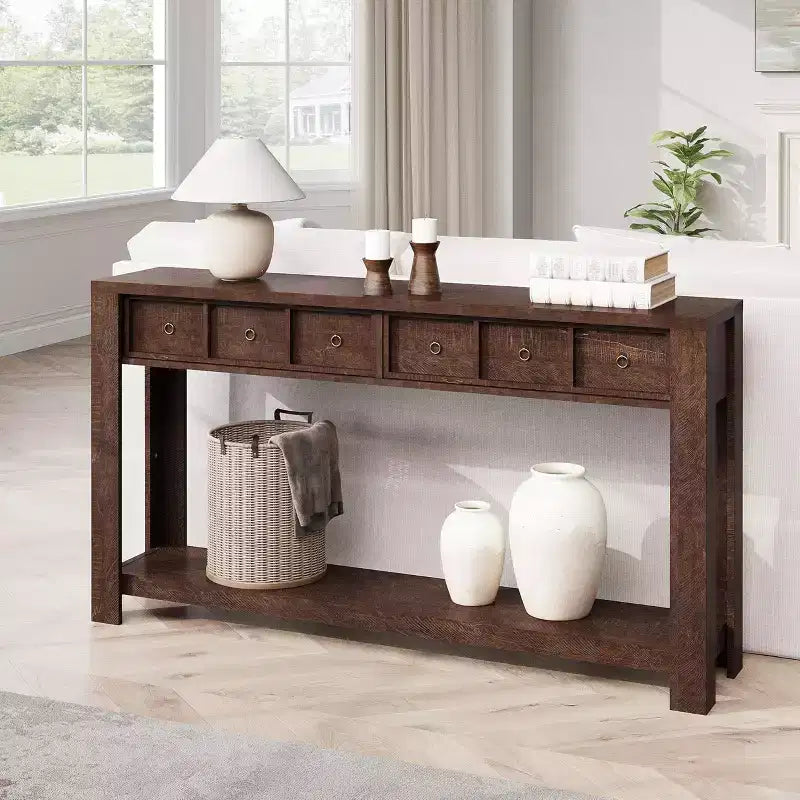 59'' Farmhouse Console Table, Wooden Entryway Table with 2 Drawers & 2-Tier Open Storage Shelf, Sturdy l-Shape Legs, Scratch-Resistant MDF
