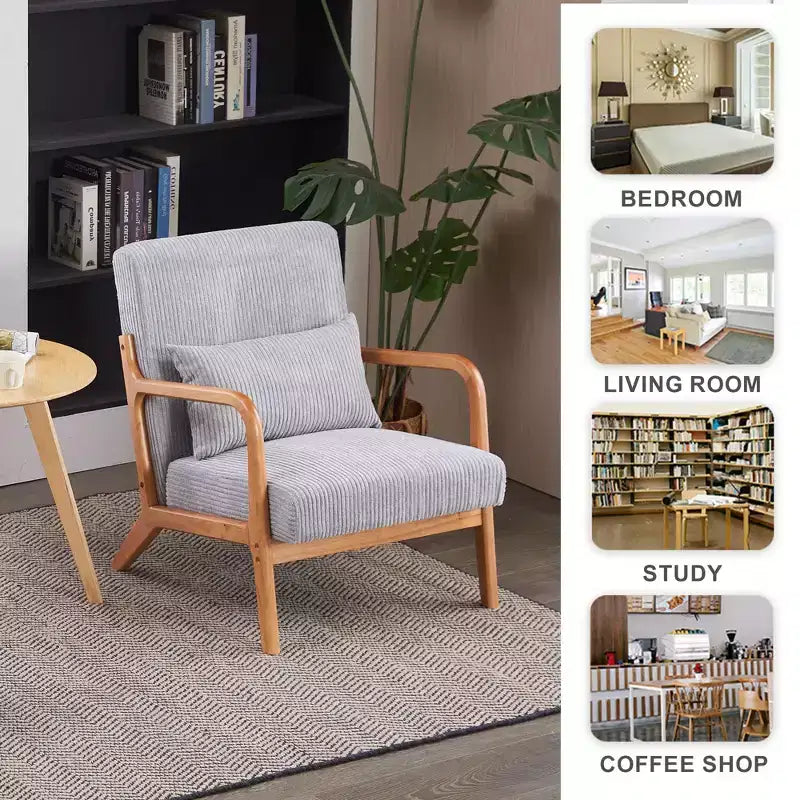 Mid-Century Modern Accent Chair Arm Chair Living Room Chairs with Pillow Upholstered Reading Chair with Solid Wood Frame & Living Room Bedroom Balcony