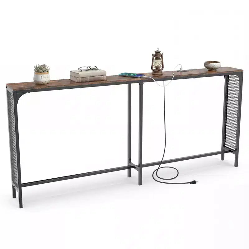 Costway 71'' Console Table w/Power Outlet Metal Frame for Hallway Foyer Living Room Rustic Brown & Black