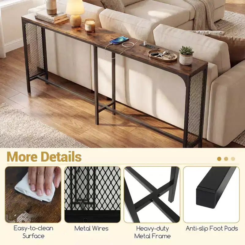 Costway 71'' Console Table w/Power Outlet Metal Frame for Hallway Foyer Living Room Rustic Brown & Black