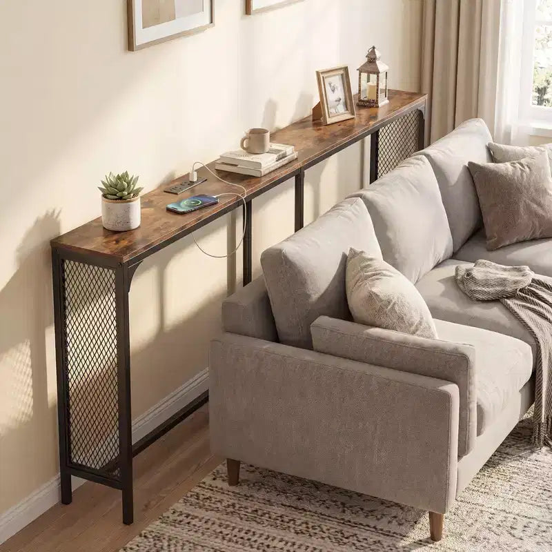 Costway 71'' Console Table w/Power Outlet Metal Frame for Hallway Foyer Living Room Rustic Brown & Black